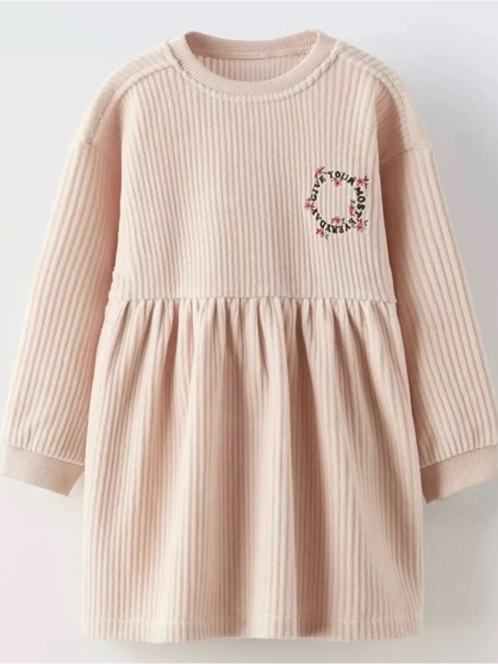 Zara Blush Pink Corduroy Long-Sleeve Dress with Embroidered Detail